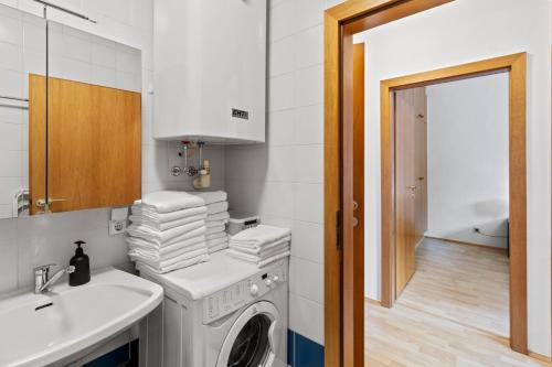 ein Badezimmer mit einer Waschmaschine und einem Waschbecken in der Unterkunft Zentrale Unterkunft am RedBull-Ring in Fohnsdorf