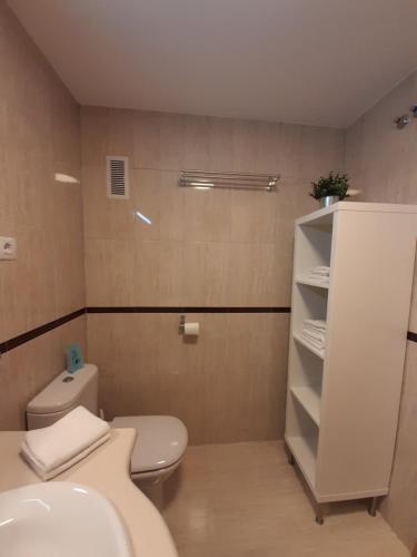 uma casa de banho com um WC branco e um lavatório. em Piso de lujo - descansar y trabajar en Golf Panoramica para 4 pers - internet fibra GRATIS em Sant Jordi