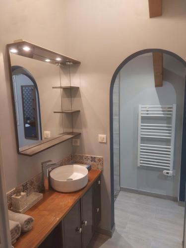 La salle de bains est pourvue d'un lavabo et d'un miroir. dans l'établissement L'Orangerie, à Idron