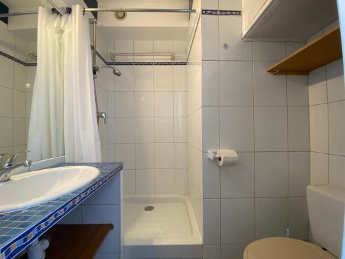 een badkamer met een wastafel, een toilet en een douche bij Studio La Joue du Loup, 1 pièce, 4 personnes - FR-1-504-185 in Le Dévoluy