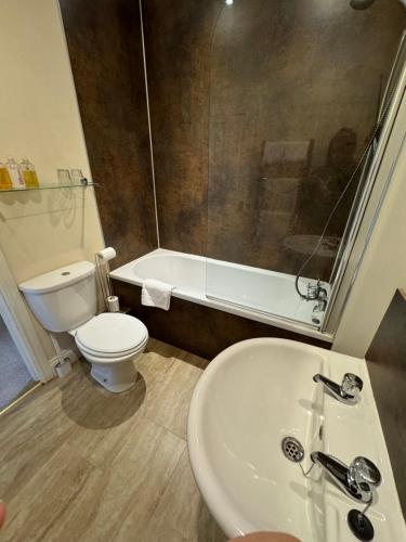 een badkamer met een wastafel, een toilet en een bad bij Sandfordarms in Appleby