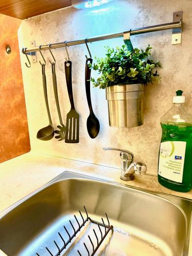 a kitchen sink with utensils hanging on a wall at Bratislava City Center in Nivy