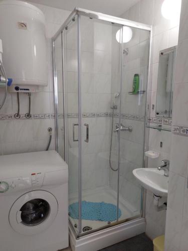 a bathroom with a shower and a washing machine at Apartment Pamela in Gajac