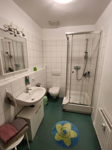 een badkamer met een wastafel, een toilet en een douche bij Pension Olé in Dresden