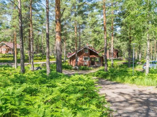 une cabane en rondins dans les bois à côté d'un chemin de terre dans l'établissement Holiday Home Karpalo 3 by Interhome, à Isnäs