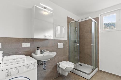 een badkamer met een douche, een toilet en een wastafel bij StayEasy Apartments Leoben P88 #11 in Donawitz