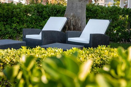 two black wicker chairs sitting next to a tree at Exceptional Beachfront Villa Blue Cocoon in Pefkohori
