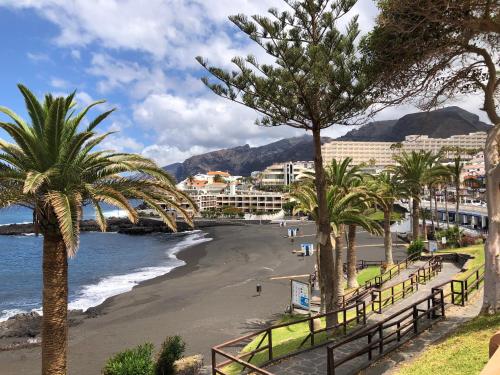 a view of a beach with palm trees and buildings at Panoramic Ocean view in Puerto de Santiago