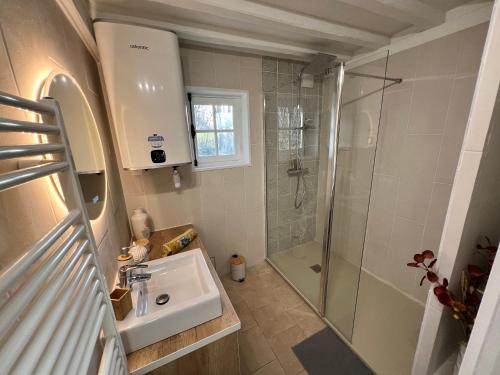 La salle de bains est pourvue d'un lavabo et d'une douche. dans l'établissement Domaine Rêve Normand Honfleur 10 pax, à Genneville