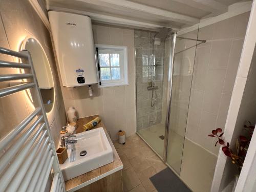 une salle de bain avec un lavabo et une douche dans l'établissement Domaine Rêve Normand Honfleur 10 pax, à Genneville