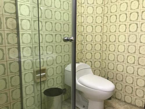 een badkamer met een toilet en een douche bij La Casa de Los Pinos in Cochabamba