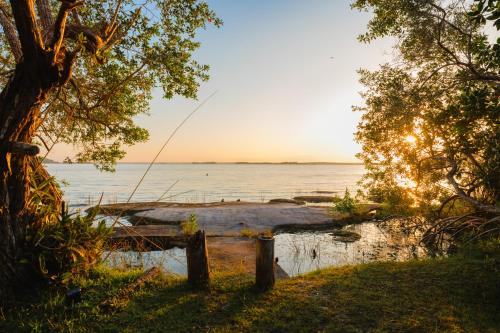a bench sitting next to a body of water at Azulea Bacalar Hotel & Spa - Lagoon Front in Bacalar