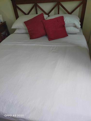 a large white bed with red pillows on it at Persimmon Studio Single Unit in Cebu City