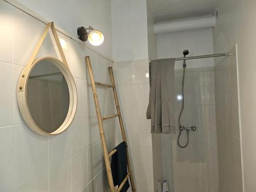La salle de bains est pourvue d'un miroir et d'une douche. dans l'établissement 1-Centre-ville studio 25m2 BOX A BAGAGES GRATUITS, à Carcassonne