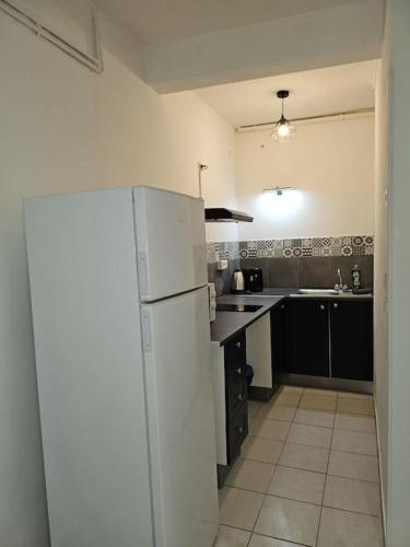 une cuisine avec un réfrigérateur blanc et un évier dans l'établissement 1-Centre-ville studio 25m2 BOX A BAGAGES GRATUITS, à Carcassonne