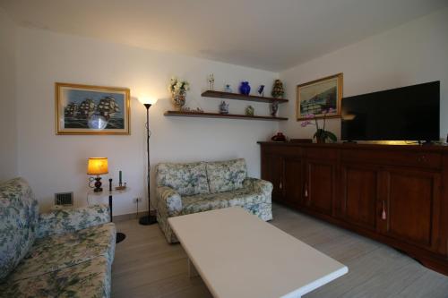 a living room with a couch and a flat screen tv at Casa Melina 2 in Tremezzo