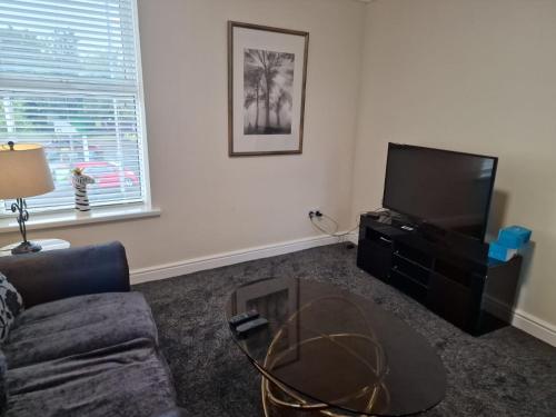 ein Wohnzimmer mit einem Sofa und einem Flachbild-TV in der Unterkunft Levy Nook 3 in Darlington