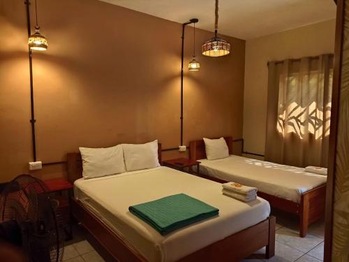 タラポトにあるBijao Hostelのベッドルーム1室(ベッド2台、窓、照明付)
