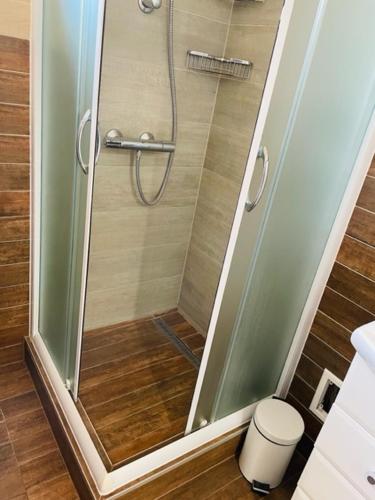 a shower with a glass door in a bathroom at Rab Studio first floor 32m2 in Kampor