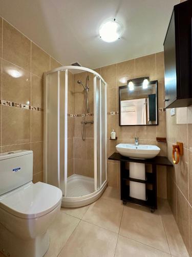 a bathroom with a shower and a toilet and a sink at Apartamento Algaida REF.004 in Oropesa del Mar