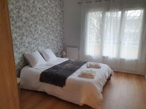 une chambre avec un grand lit blanc avec une fenêtre dans l'établissement Raffinement proche Grenoble Centre, à Grenoble