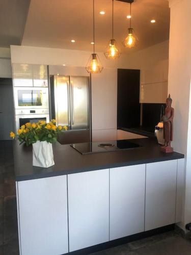 - une cuisine avec un comptoir, un réfrigérateur et des fleurs dans l'établissement Magnifique appartement face à la plage de Beaucours, à Sanary-sur-Mer