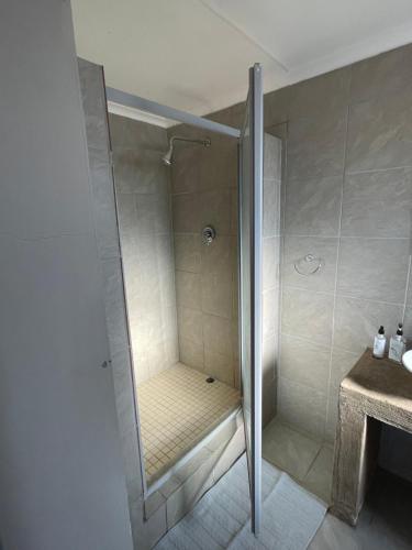a shower with a glass door next to a sink at Harmonie in Prieska