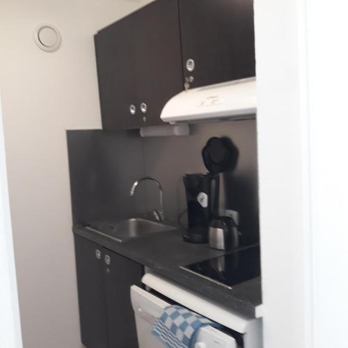 - une cuisine avec des placards noirs et un évier dans l'établissement RESIDENCE L'ILE D'OR, à La Londe-les-Maures