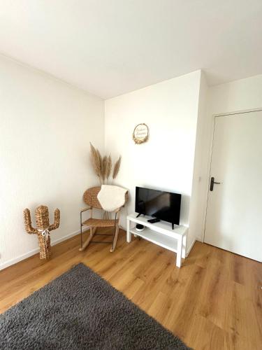 a white living room with a chair and a television at Appartement Cosy Luxury with Lake in Brunoy