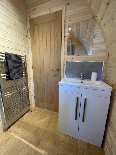 a bathroom with a white sink and a door at Stoer Pods - Suilven Pod in Lochinver