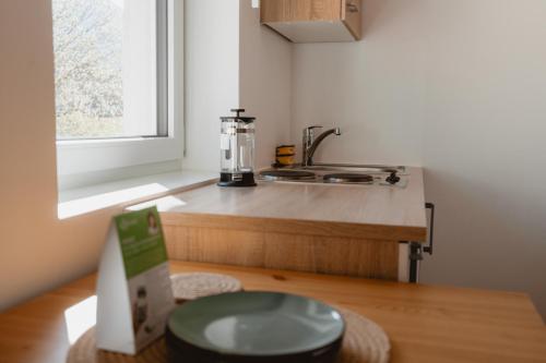 a kitchen with a counter top with a blender on a table at Kalkalpen Apartments in Spital am Pyhrn