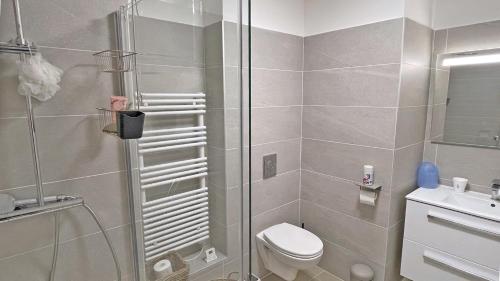 une salle de bain avec une douche, des toilettes et un lavabo dans l'établissement Terrasses de la Mer, à Sainte-Maxime