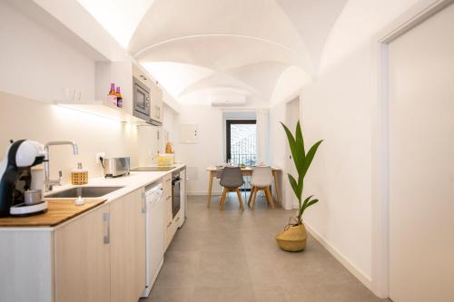 a kitchen with white counters and a table with a plant at Can Planeses in Banyoles