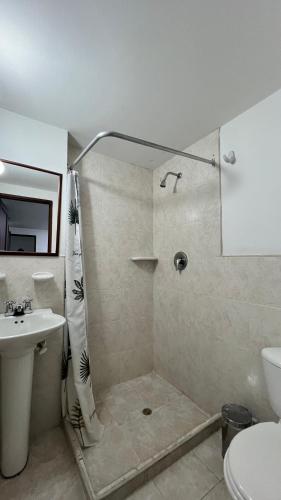 e bagno con doccia, servizi igienici e lavandino. di Hotel Gran Conquistador 33 a Medellín