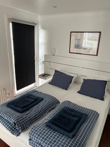 een slaapkamer met 2 bedden met blauwe kussens en een raam bij Calm villa-apartement near the sea and nature in Klagshamn