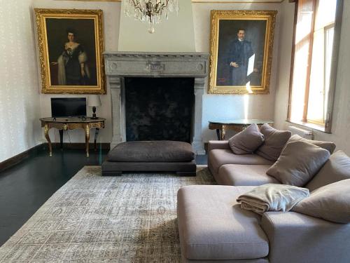 a living room with a couch and a fireplace at Château de Porcheresse in Daverdisse