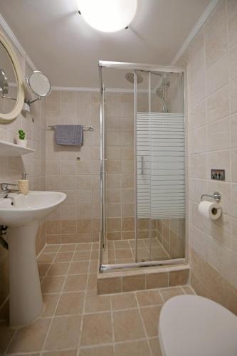 a bathroom with a shower and a toilet and a sink at ΚΑΛΛΙΟΠΗ 1 in Hydra