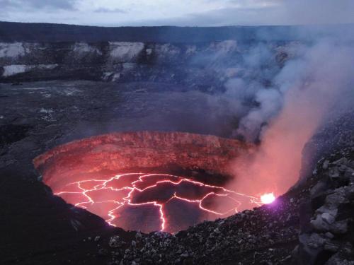 an aerial view of a volcano at night at Volcano One - Modern Studio with Lanai near Volcano National Park in Volcano