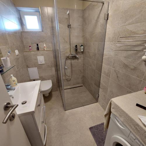 a bathroom with a shower and a toilet and a sink at Apartma NANA in Novi Vinodolski