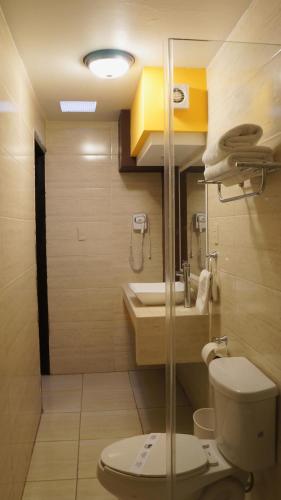 La salle de bains est pourvue de toilettes et d'un lavabo. dans l'établissement Hotel Casa Blanca, à Fresnillo de González Echeverría