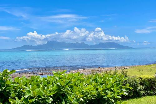 Paea的住宿－Kahaia beach home with pool amazing seafront black sand beach and reef，享有大海和山脉美景的海滩
