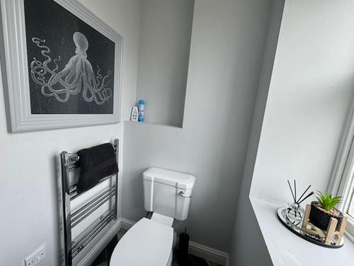 a bathroom with a white toilet and a picture on the wall at Lowther House -2 Bed Apartment in Whitehaven