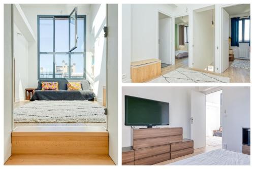 - deux images d'un salon avec une télévision et d'une chambre dans l'établissement Appartement spacieux à Asnières-sur-Seine avec terrasse., à Asnières-sur-Seine