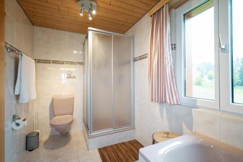 a bathroom with a shower and a toilet and a sink at Ferienhaus Bergblick in Amden