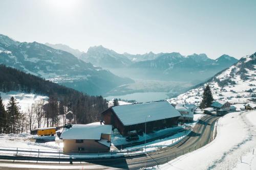 a small town with snow covered buildings on a mountain at Chalet Engihalde in Amden
