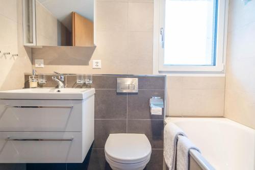 a bathroom with a toilet and a sink and a tub at Chalet Chapfwald in Amden