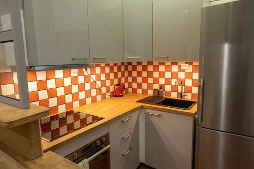 une cuisine avec un évier et un réfrigérateur dans l'établissement Harry Potter-themed studio near Paris, à Clichy