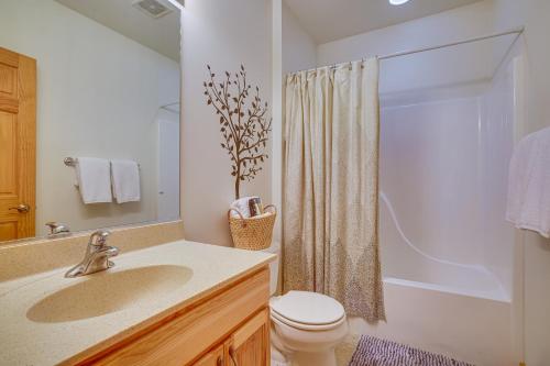 y baño con lavabo, aseo y ducha. en Spacious Stoddard Retreat on Mississippi River!, 