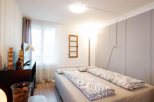 1 dormitorio con cama, escritorio y ventana en Apartment Heimathus, en Amden