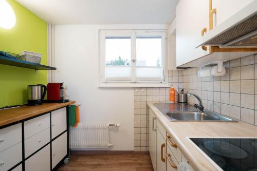 cocina con fregadero y ventana en Apartment Heimathus, en Amden